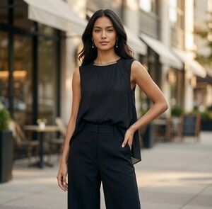 Rachel Rachel Roy Black Sleeveless Trapeze Blouse Top Metallic Chain Neck L